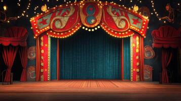 A circus stage with a red curtain and lights photo