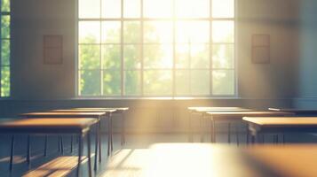 Empty classroom with sunlight shining through the window photo