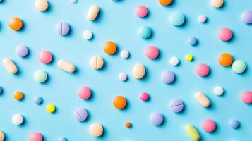 Colorful pills on a blue background photo