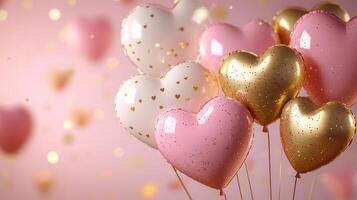 Pink and gold heart shaped balloons on a pink background photo