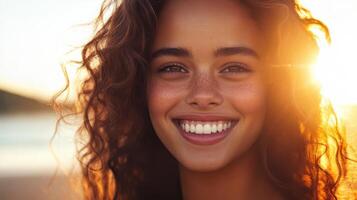 A woman with long curly hair smiling at the camera photo