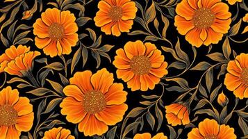 A pattern with orange flowers on black background photo