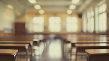Empty classroom with wooden chairs and empty desks photo
