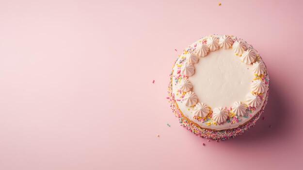 A cake with sprinkles on a pink background photo