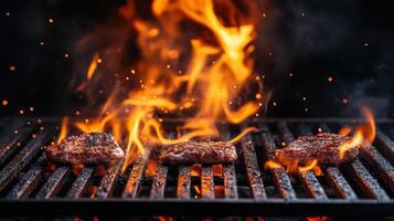 Grilled steaks on a grill with flames photo