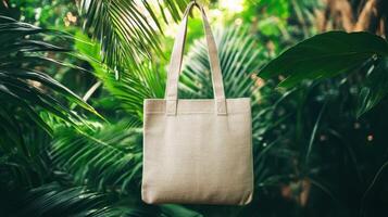 A tote bag hanging from a tree in the jungle photo