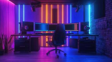 A computer desk with a computer and a chair photo
