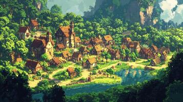 An old town in the forest with a river photo