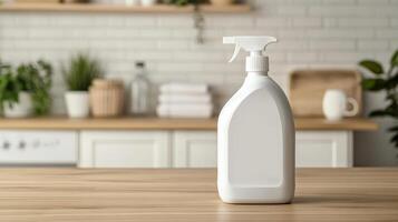 A white spray bottle on a wooden table in a kitchen photo