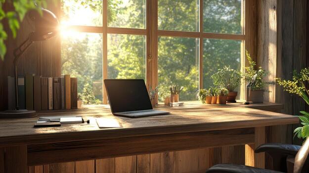 A laptop sitting on a desk next to a window photo