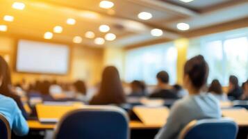 A blurry image of people in a conference room photo