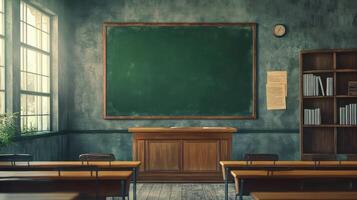 An empty classroom with desks and a chalkboard photo