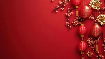 Chinese new year background with red lanterns and flowers photo