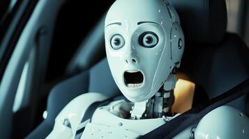 A robot is sitting in the driver's seat of a car photo