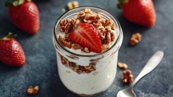 Yogurt with strawberries and walnuts photo