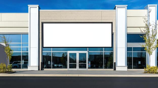 A large white billboard is sitting in front of a building photo