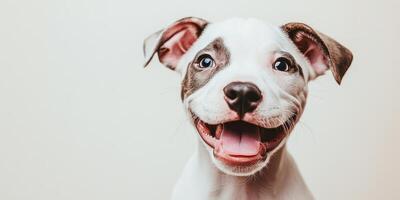 A smiling dog with its tongue out on a white background photo
