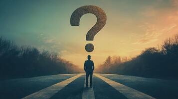 Man standing on the road with question mark photo