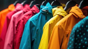 Colorful rain jackets on hangers in a store photo