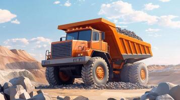 A large orange dump truck is driving through a field photo