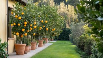 Citrus trees in pots on the side of a house photo