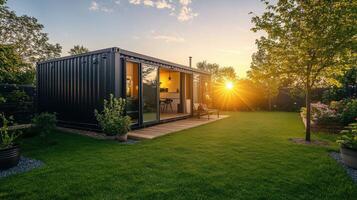 A container house in the backyard at sunset photo