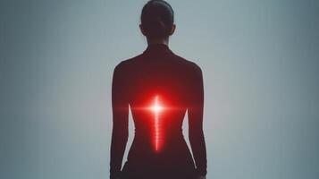 A woman with a back pain is shown with a red light photo