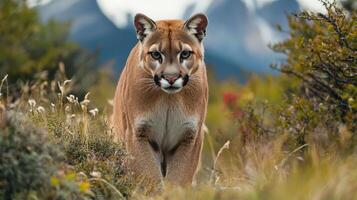 A mountain lion is walking through the grass photo