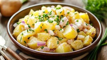 Potato salad with onions and herbs in a bowl photo