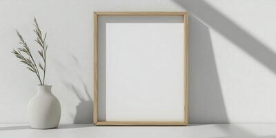 A blank frame sitting on a table next to a vase photo