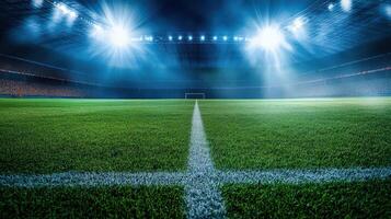 An empty soccer field with lights shining on it photo