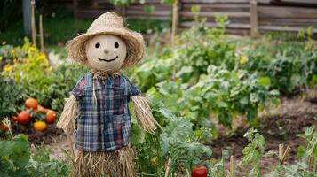 A scarecrow stands in a garden with vegetables photo