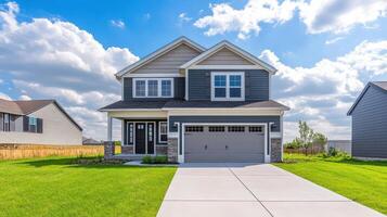 A two story home with a garage and a driveway photo