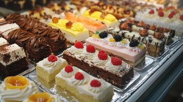 A display case filled with various types of cakes photo