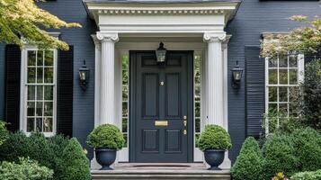A black front door with white trim and black shutters photo