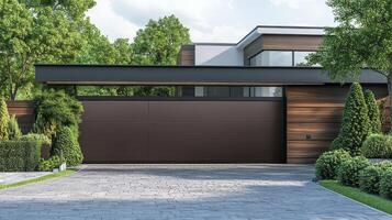 A modern home with a large garage door photo