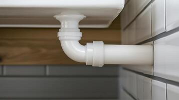 A white pipe is attached to the wall of a bathroom photo