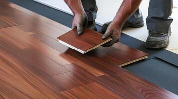 A man is installing a hardwood floor photo
