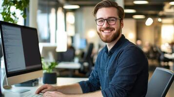 A man with glasses and a beard is sitting at a desk photo