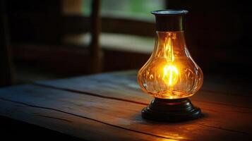 An old fashioned lamp on a wooden table photo