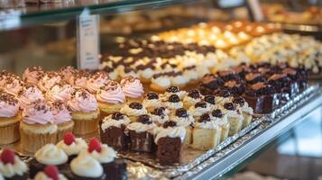 Many different types of cakes are displayed in a glass case photo