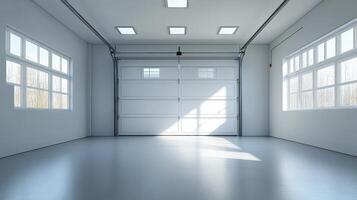 An empty garage with a large door photo