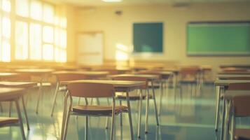 Empty classroom with desks and chairs in front of a green screen photo
