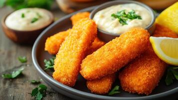 Fried fish sticks with lemon and dip on a plate photo