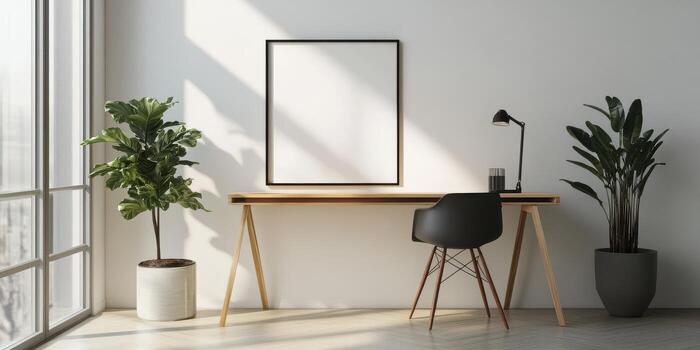 A desk with a chair and a plant in front of a window photo