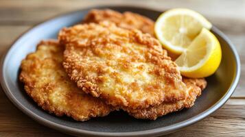 A plate of chicken cutlets with a lemon wedge photo