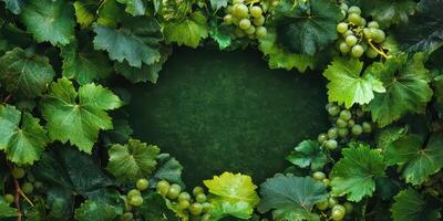 Grapes on green leaves background with copy space photo