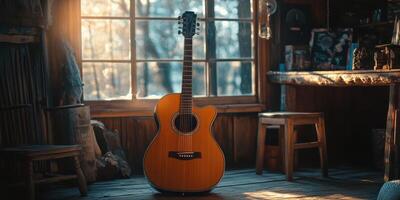An acoustic guitar sits in front of a window photo