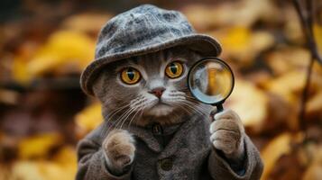 A cat in a hat and coat looking through a magnifying glass photo