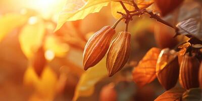 Cocoa beans on a tree with the sun shining photo
